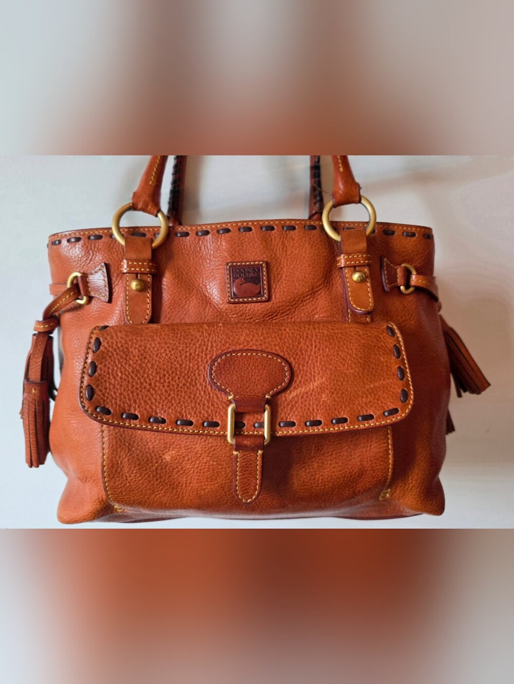 VINTAGE Dooney & Bourke Cognac Leather Shoulder Bag with Front Flap